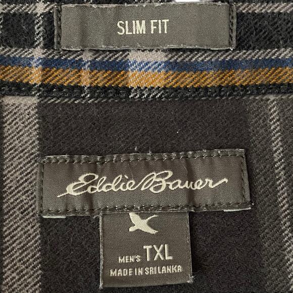 Eddie Bauer Plaid Flannel Shirt Gray Slim Fit Button Up Mens XL Tall Grunge - Picture 3 of 11